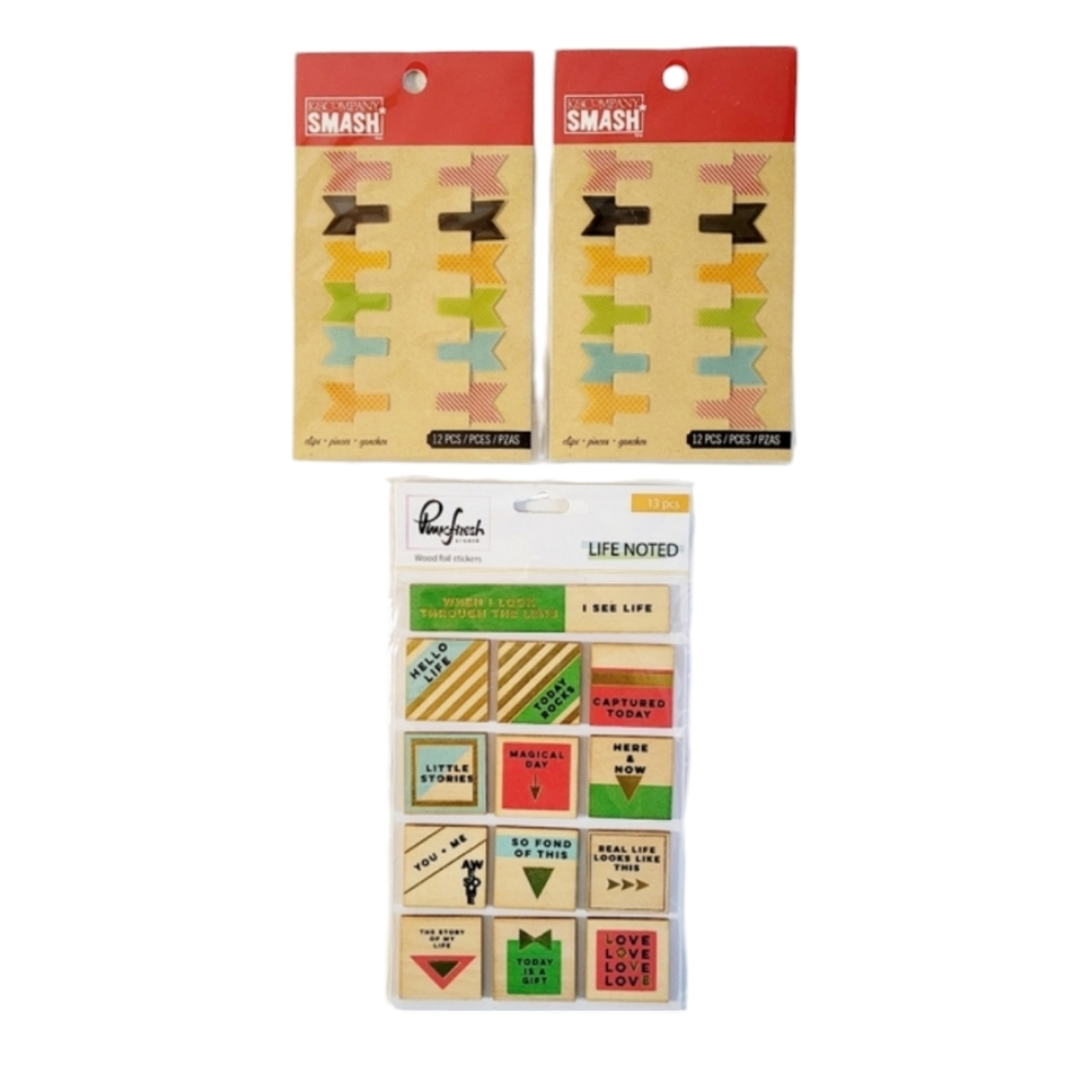 K & Company Smash 12 Tiny Flag Clips & Life Noted 13 Wood Veneer Stickers W/Foil